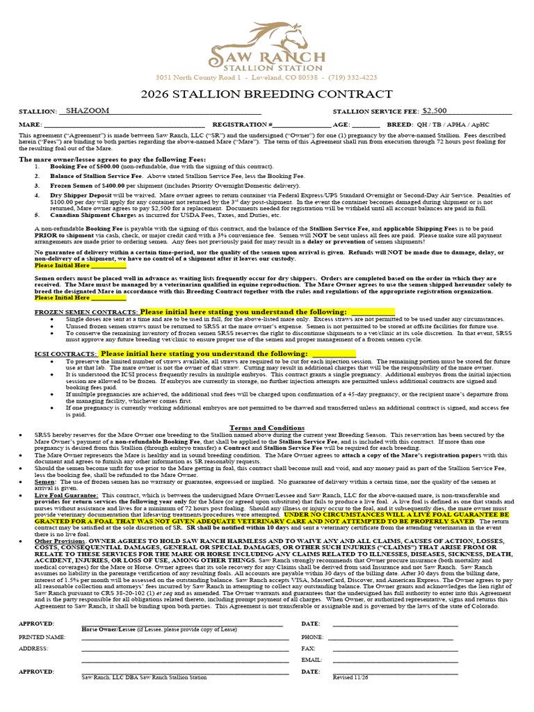 2026 Stallion Breeding Contract Template | PDF | Mare | Horse Breeding