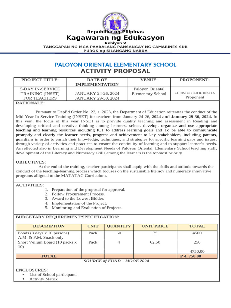 5-Day Teacher INSET Training Proposal | PDF | Learning | Literacy