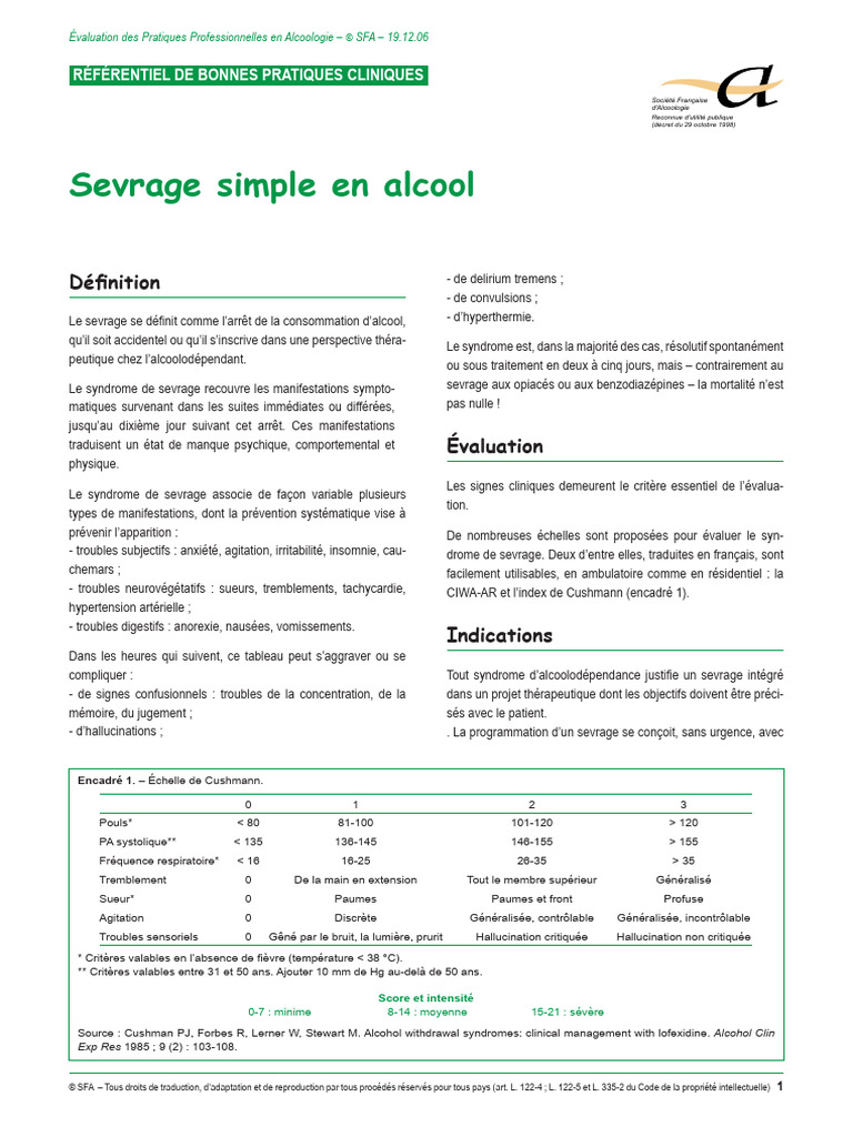 Sevrage alcoolique : évaluation et pratiques | PDF | Sevrage ...