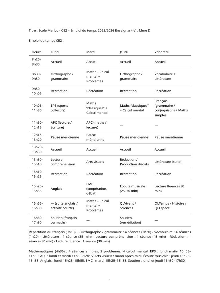 Emploi du temps CE2 2025/2026 École Marlot | PDF | la communication ...