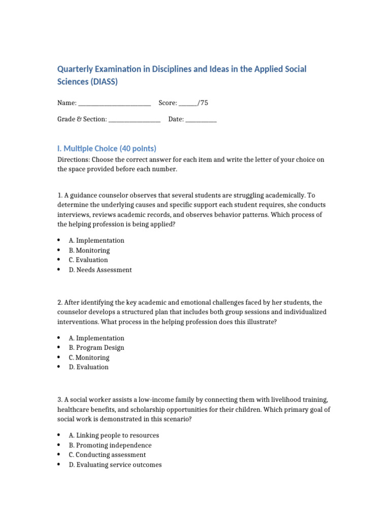 DIASS Quarterly Exam: Social Sciences | PDF | Rights | School Counselor