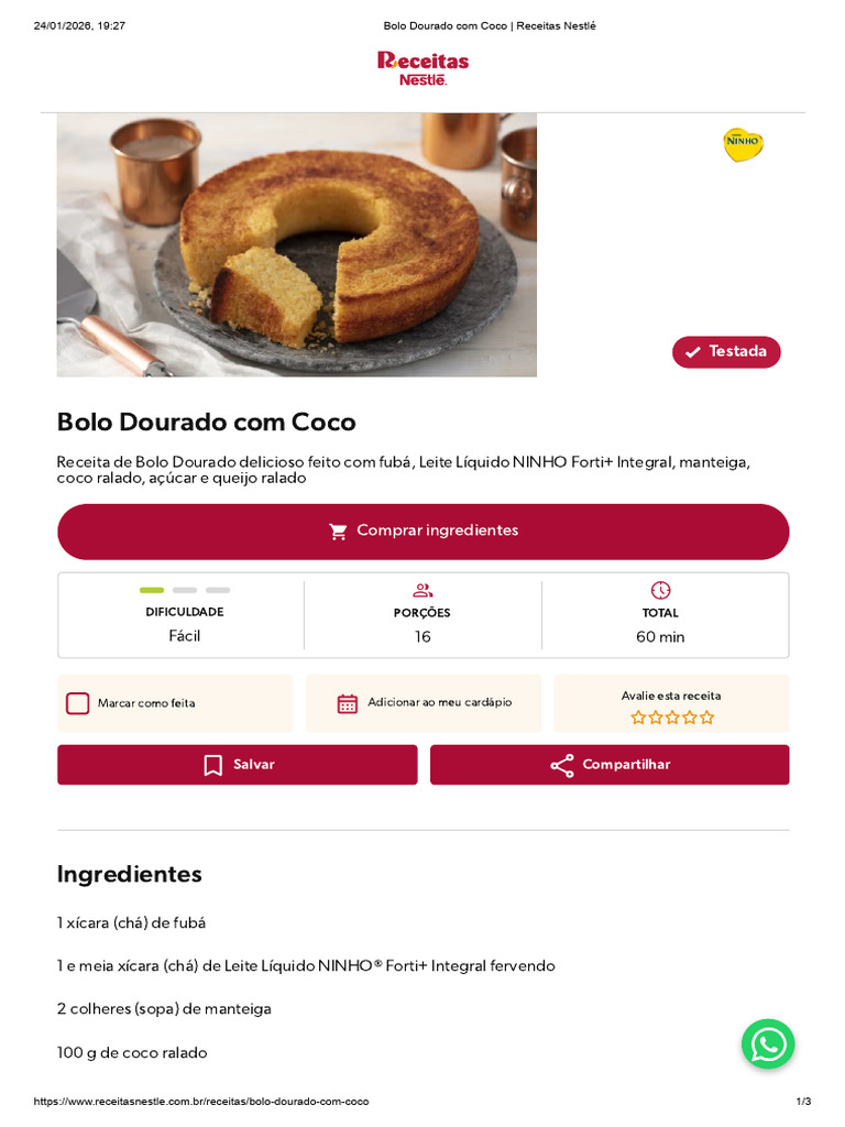 Bolo Dourado Com Coco _ Receitas Nestlé | PDF | Bolos | Queijo