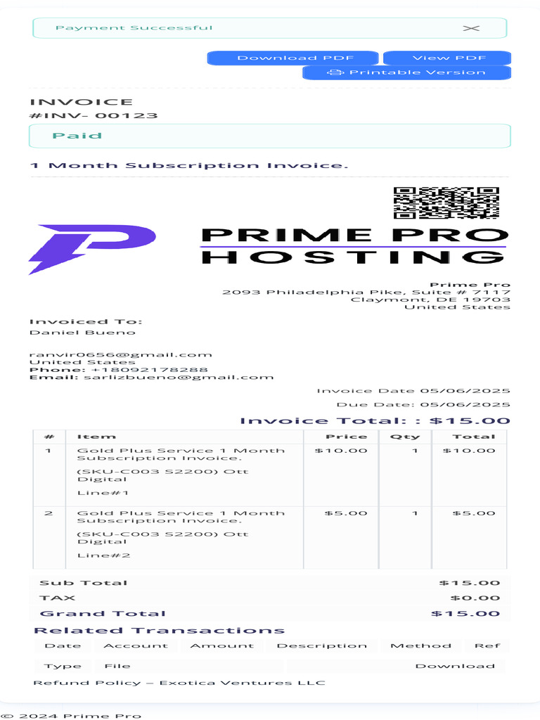 Prime Pro 1 Month Subscription Invoice | PDF