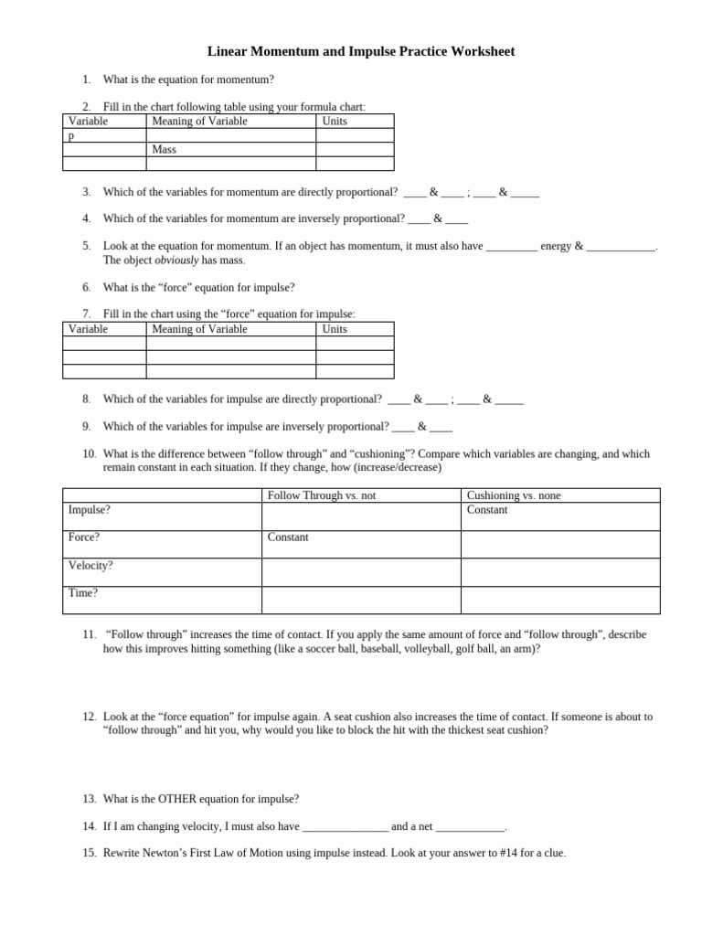Momentum and Impulse Worksheet | PDF | Force | Momentum