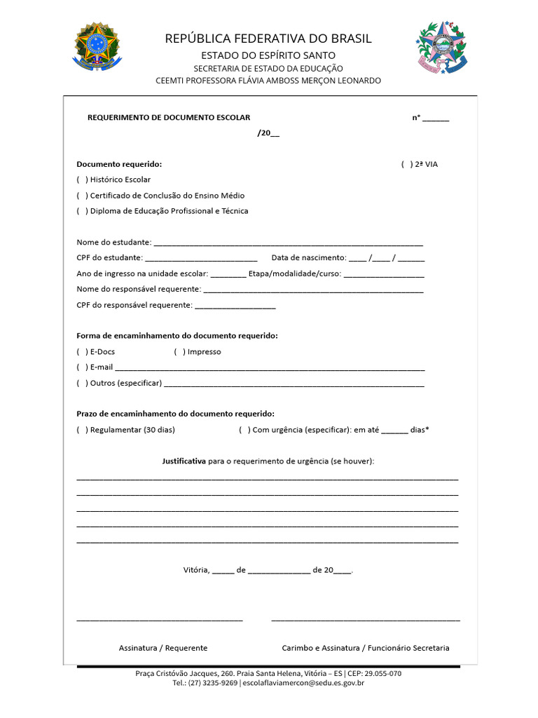 Requerimento de Documento Escolar ES | PDF