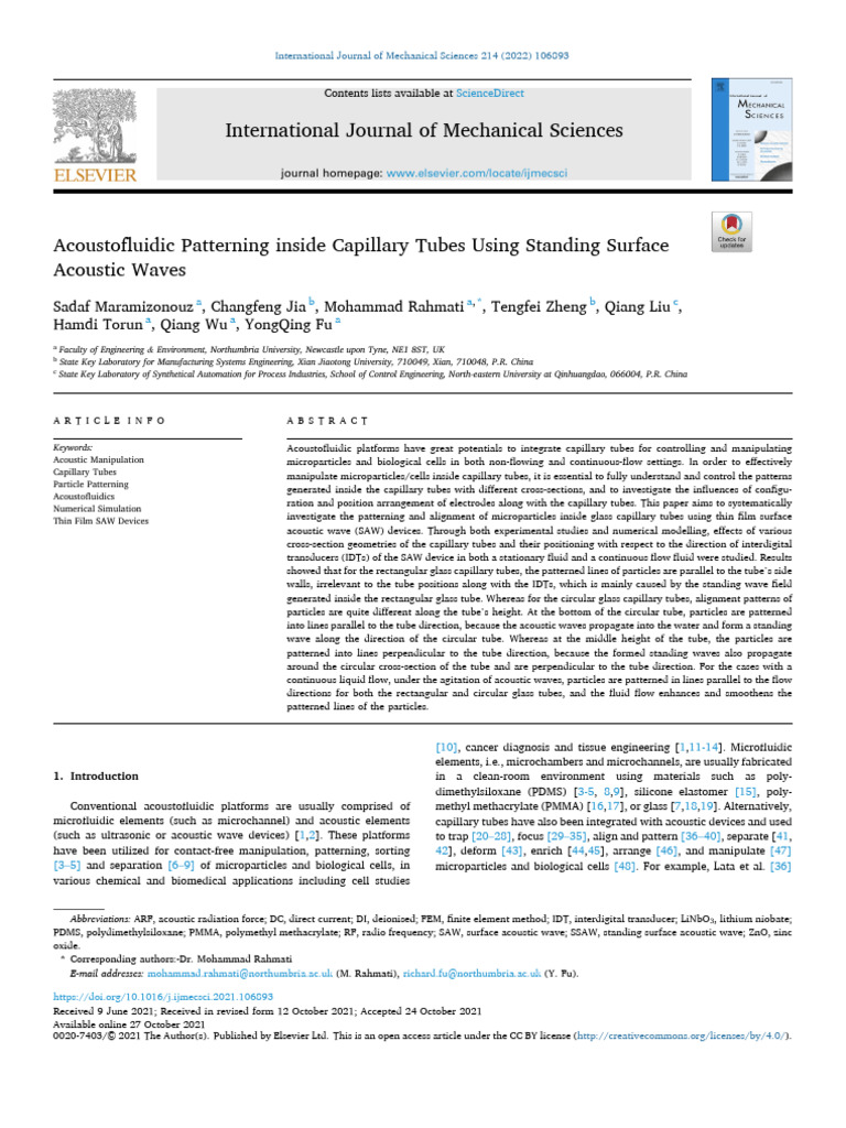 Acoustofluidic Patterning Inside Capillary Tubes Using Standing Surface ...