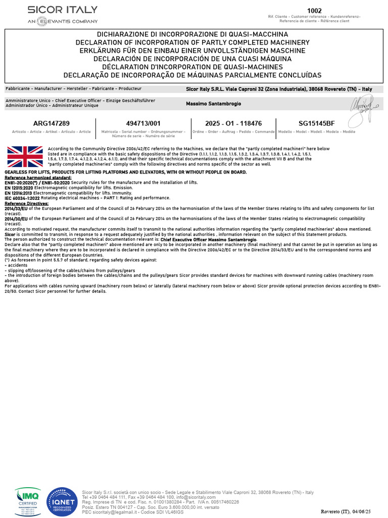 Declaration of Partly Completed Machinery | PDF | Machines | European Union