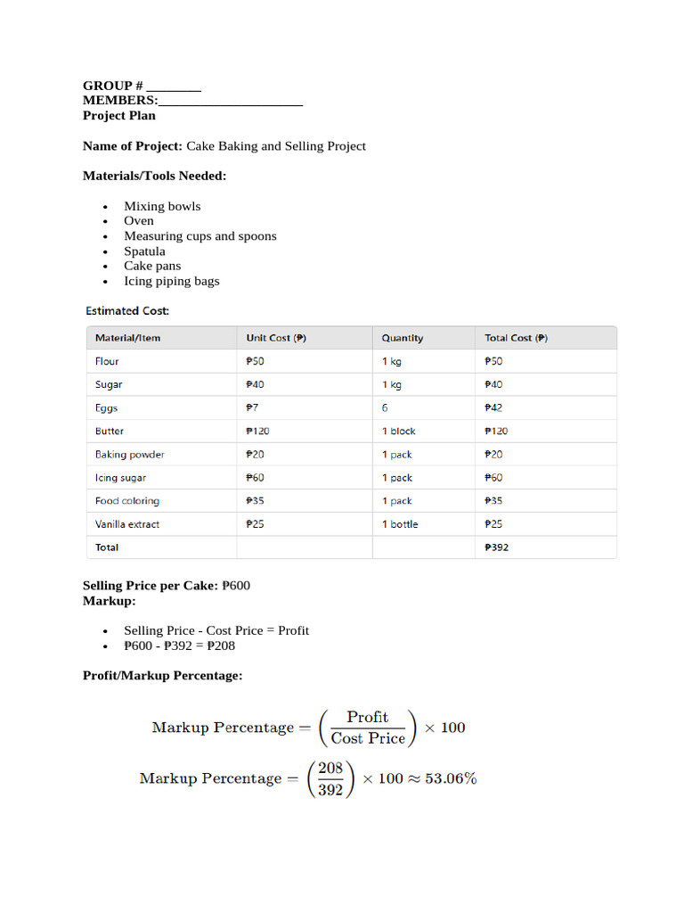 Cake Baking Project Plan & Profit Analysis | PDF