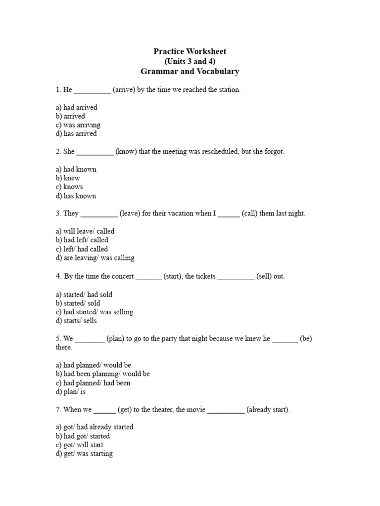 Grammar and Vocabulary Practice Worksheet | PDF