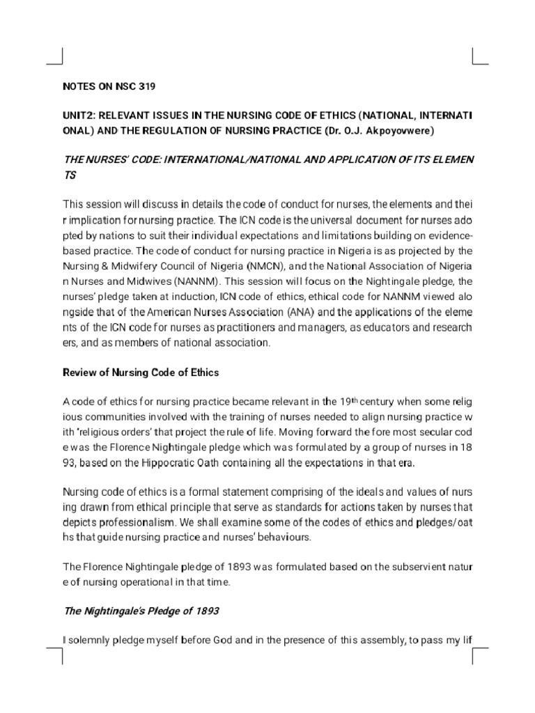 2026 Notes On NSC 319 - The Nurses' Code - Phoenix | PDF