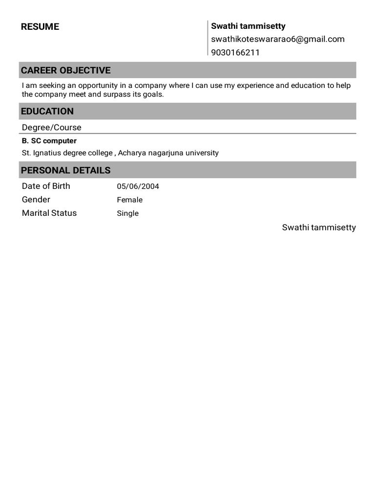 Swathi Tammisetty Resume Summary | PDF