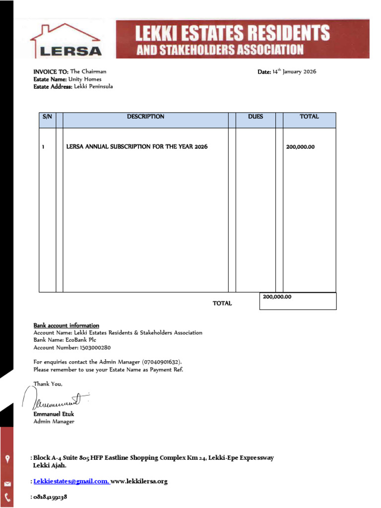 Lekki Unity Homes 2026 Invoice | PDF
