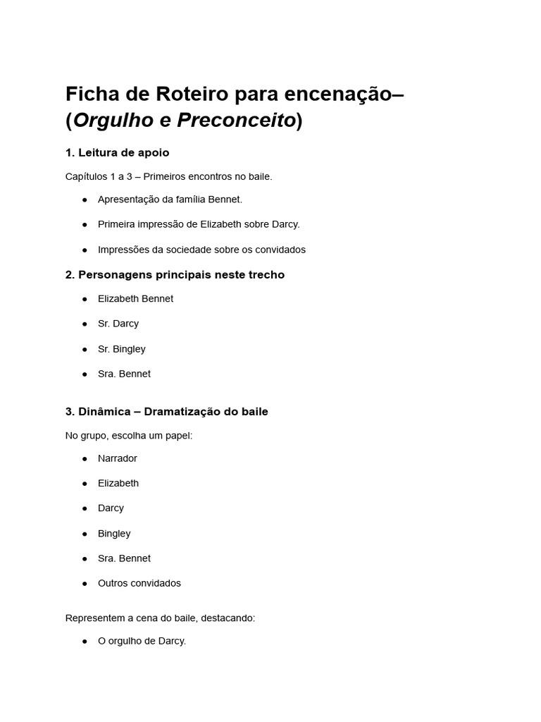 Roteiro de Encenação: Orgulho e Preconceito | PDF