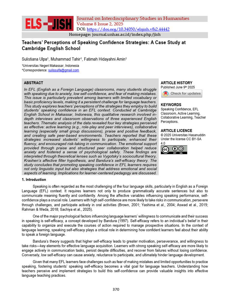 Teachers' Strategies for EFL Speaking Confidence | PDF | Self Efficacy ...