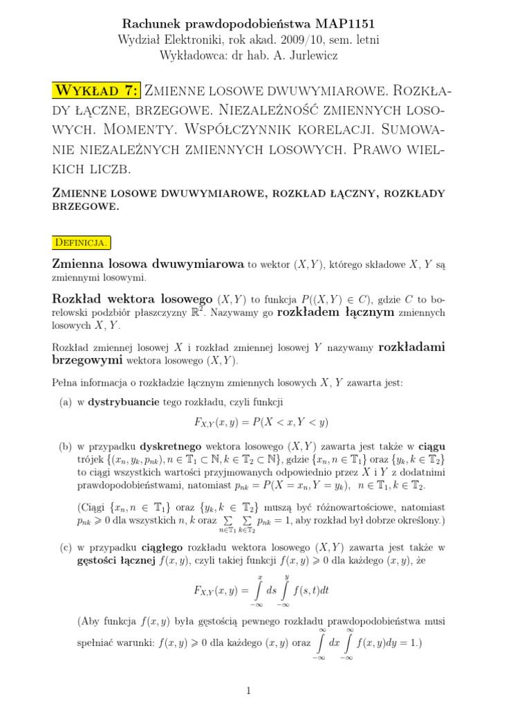 R PR MAP1151 Wyklad7 Wektory Losowe | PDF