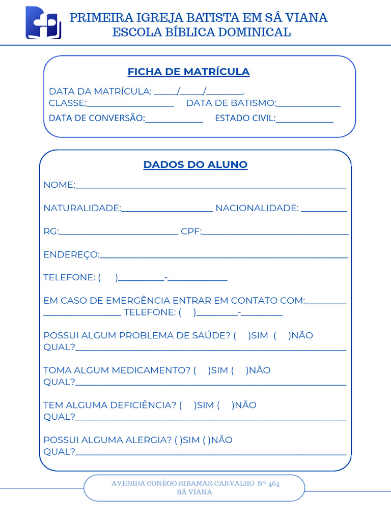 Ficha de Matrícula da Escola Bíblica | PDF