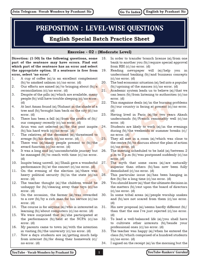 17 Preposition Preposition Moderate Level Practice Sheet??? ???? | PDF ...