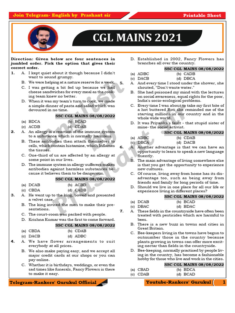 Para Jumbles and Sentence Jumbles CGL Mains 2021PQRS ??? ???? | PDF