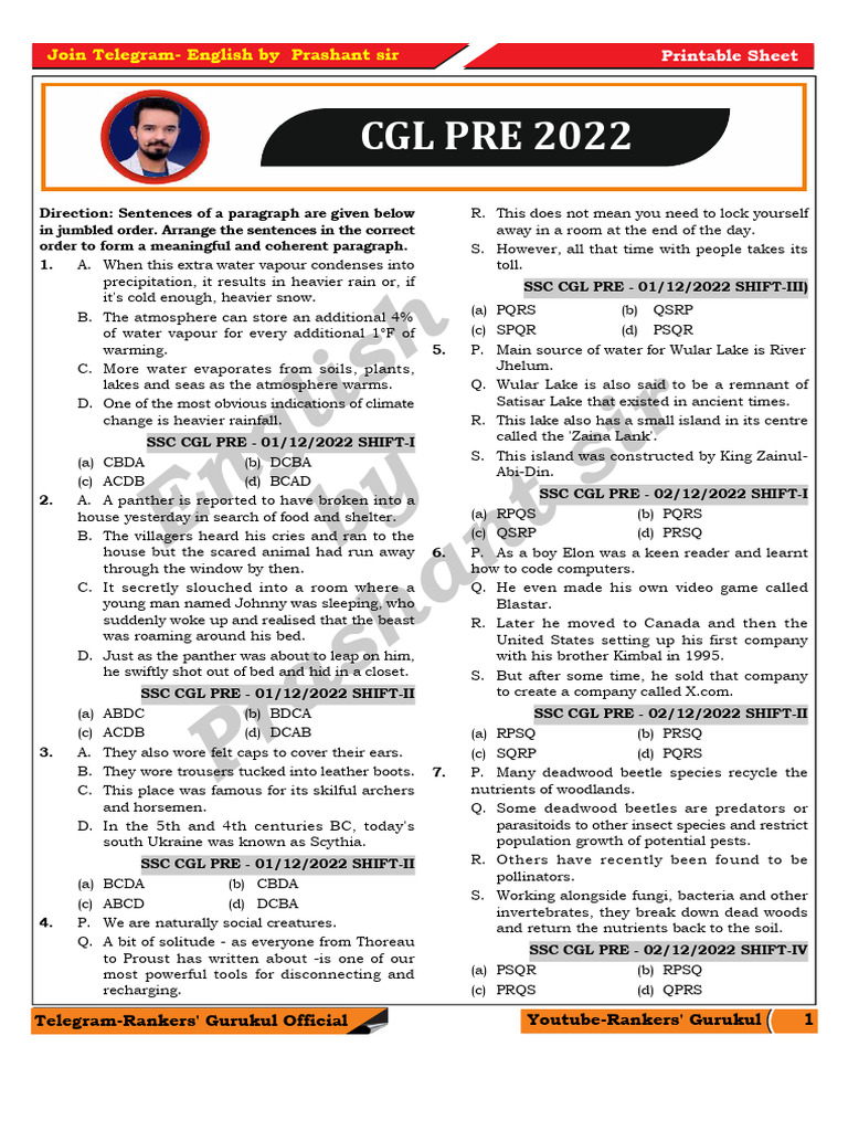 Sentence Arrangement Practice for SSC CGL | PDF