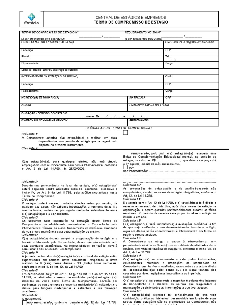 Termo Compromisso Estagio 1 Unesa Estágio Banco De Horas