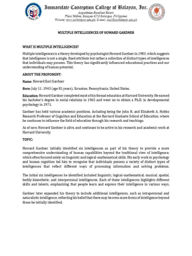 Howard Gardner's Multiple Intelligences Explained | PDF | Intelligence ...