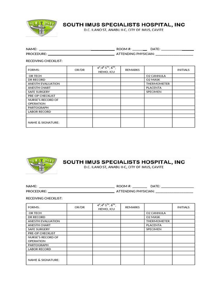Pre-Operative Checklist Template | PDF