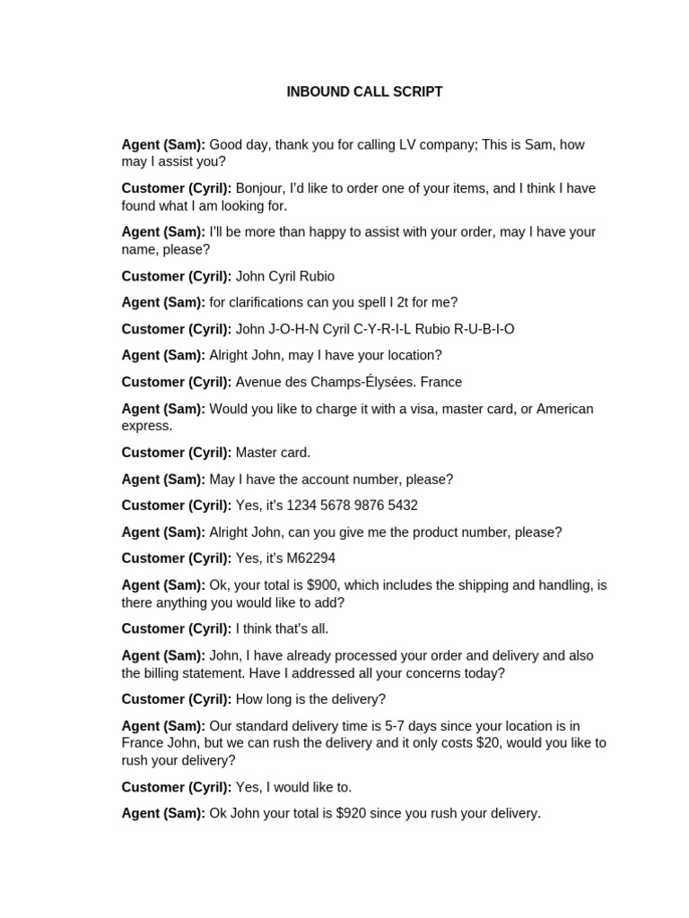 Inbound Call Script for Order Processing | PDF