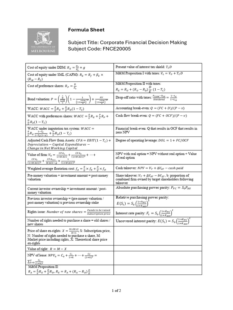 Corporate Financial Decision Making Formulas | PDF | Capital Asset ...