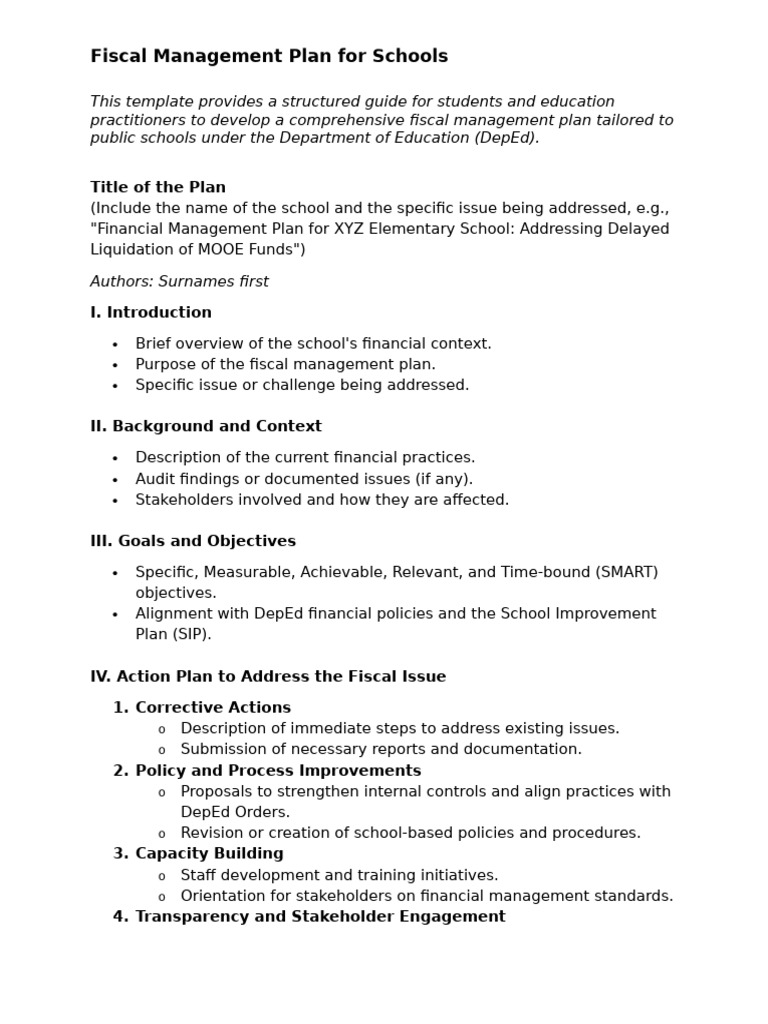 Fiscal Management Plan Template for Schools | PDF | Internal Control ...