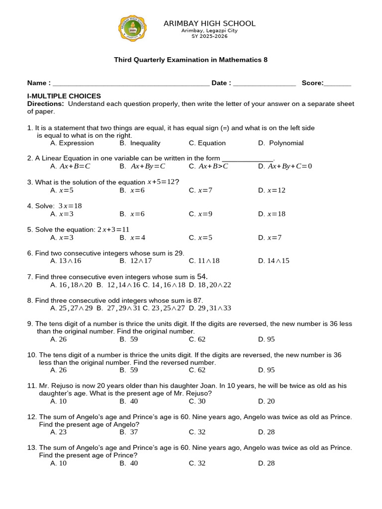 Math 8 Third Quarterly Exam Guide | PDF | Inequality (Mathematics ...
