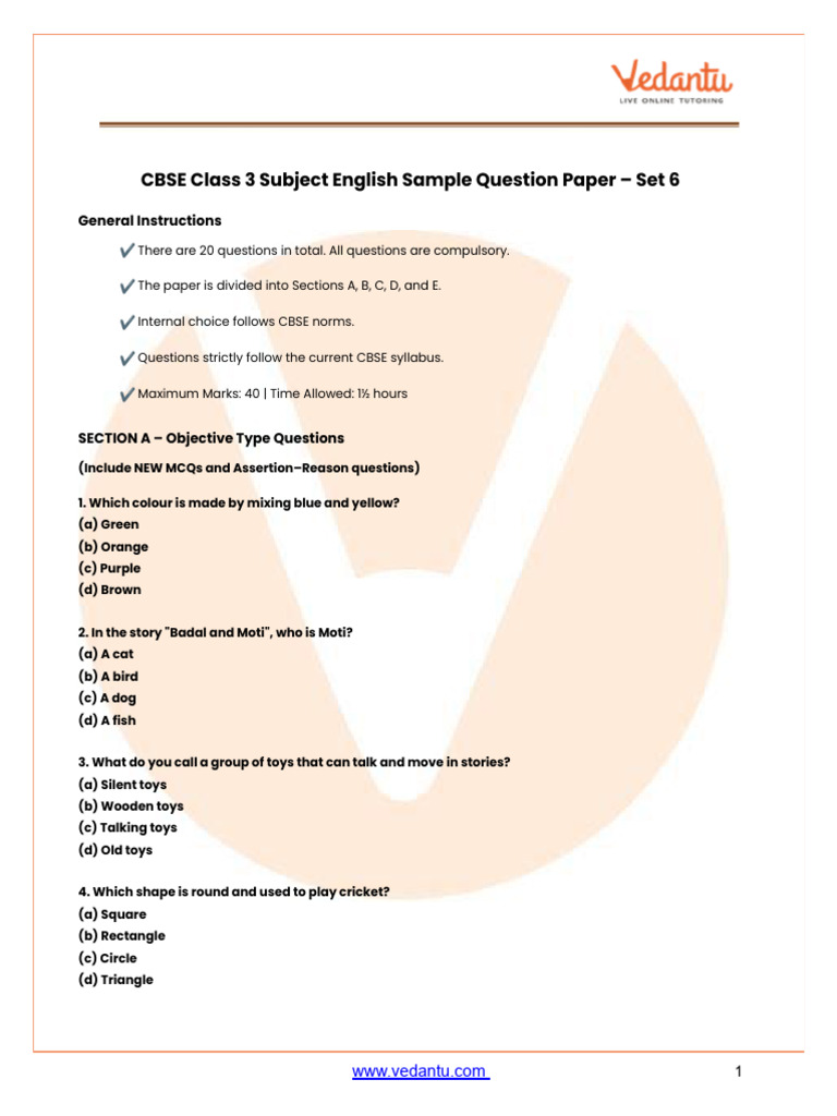 CBSE Class 3 English Sample Paper Set 6 | PDF | Linguistics | Morphology