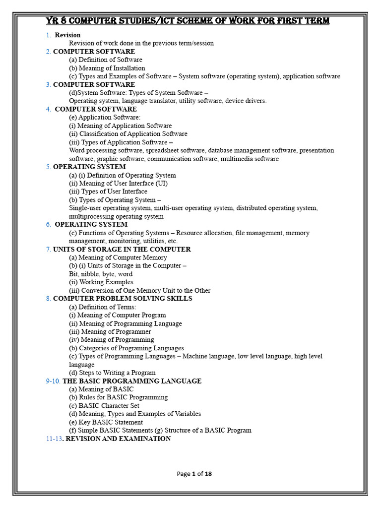 Year 8 ICT First Term Scheme of Work | PDF | Operating System | Byte