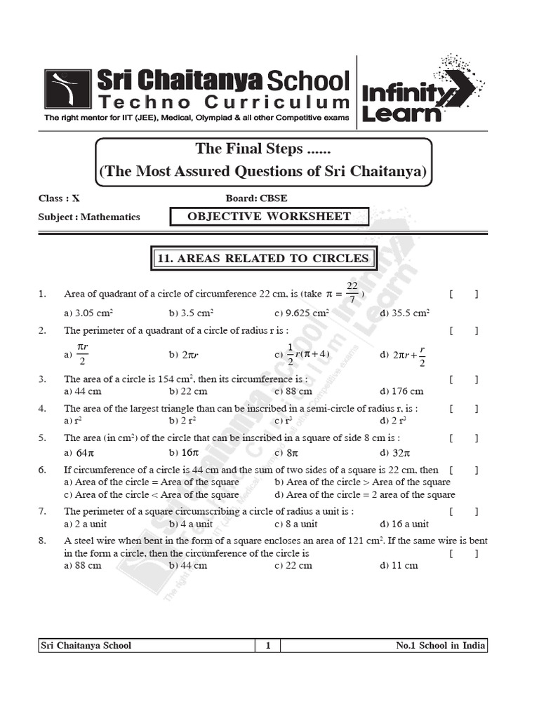 CBSE Class X Mathematics Worksheet | PDF | Area | Circle
