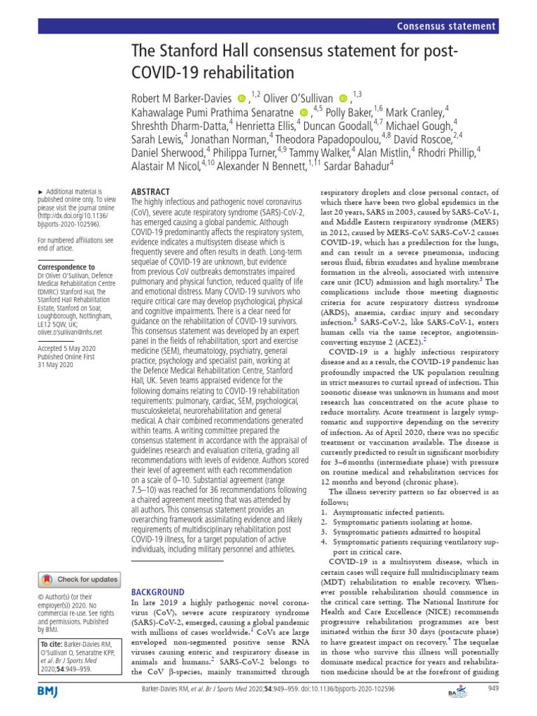 2020 the Stanford Hall Consensus Statement for Post-COVID- 19 ...