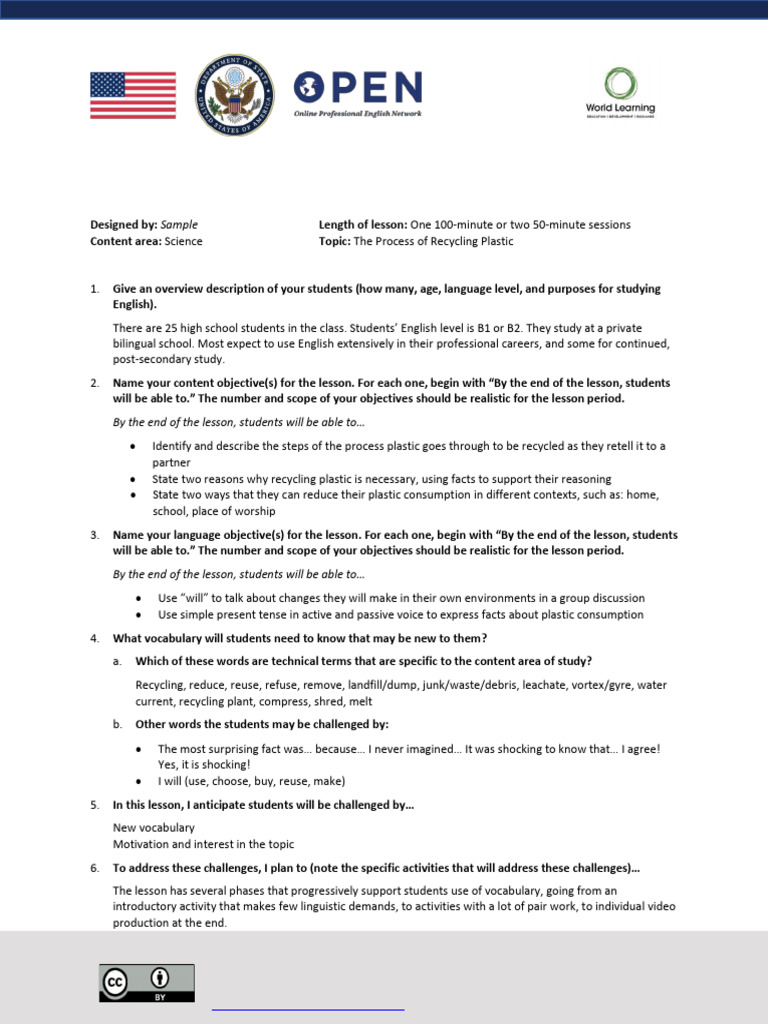 CBI Lesson Plan: Recycling Plastic | PDF | Lesson Plan