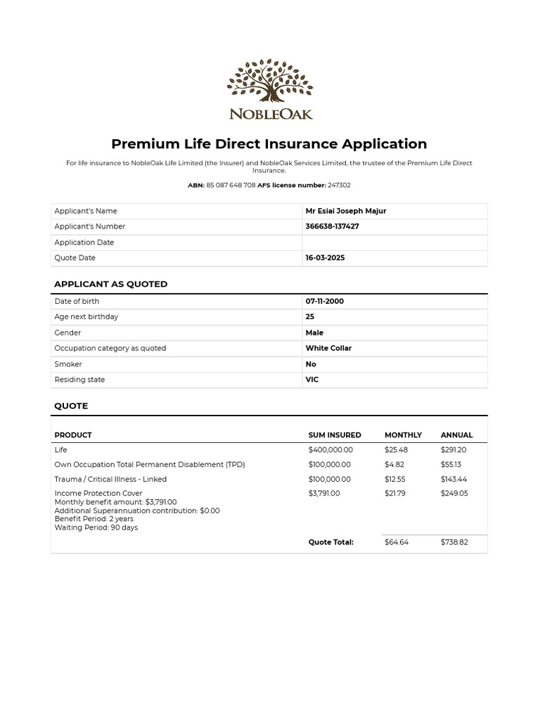 Application NobleOak Life Insurance | PDF | Mental Disorder | Informed ...