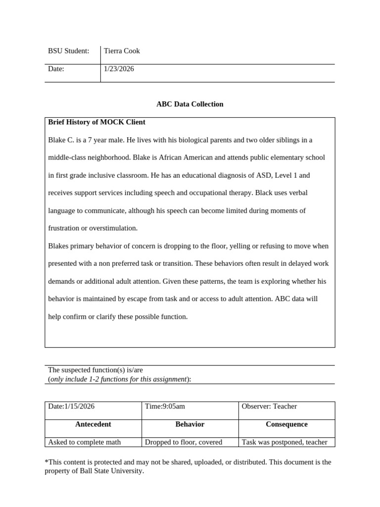 ABC Data Analysis for ASD Student | PDF