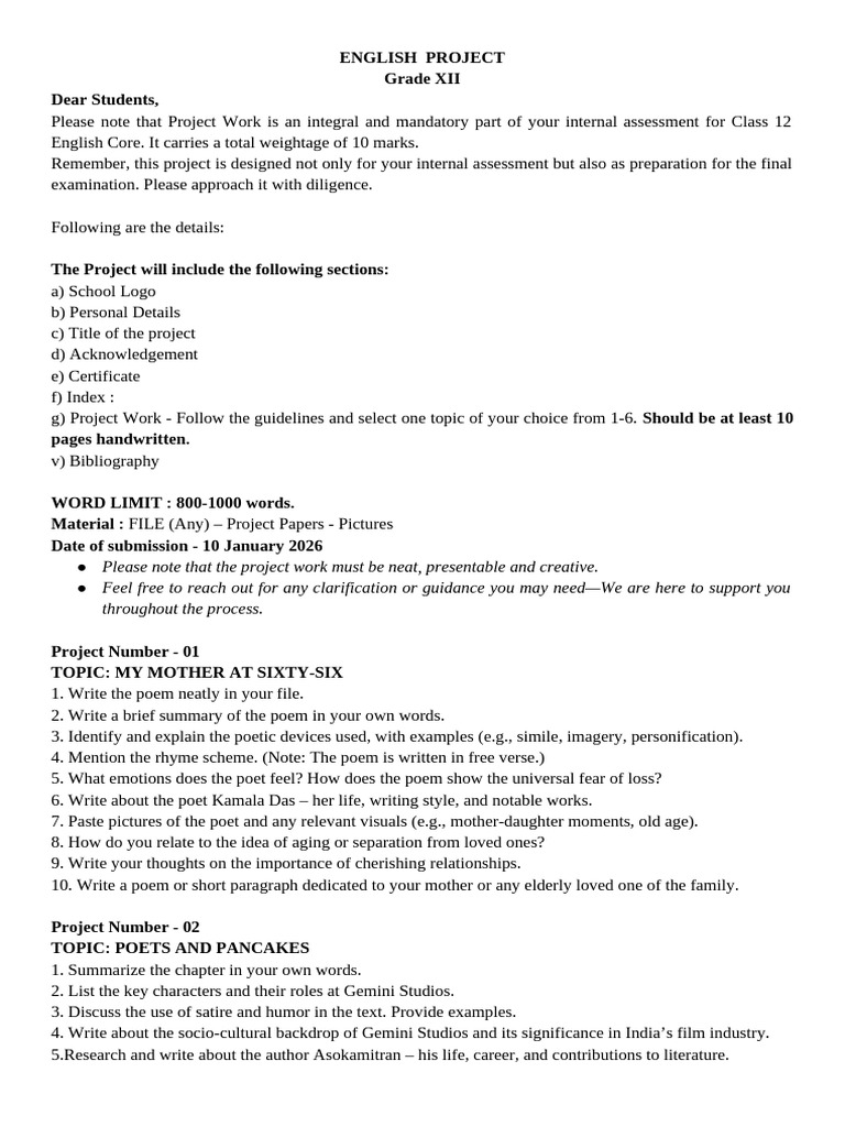 Class 12 English Project Guidelines | PDF | Poetry