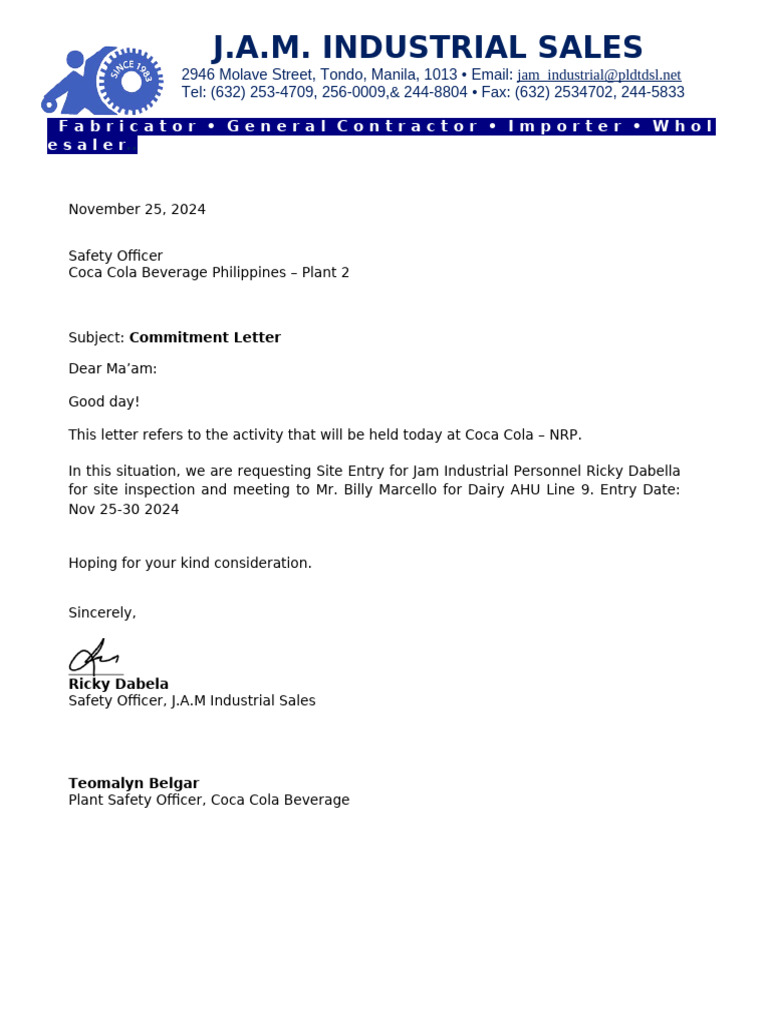 Commitment Letter for Site Entry Request | PDF