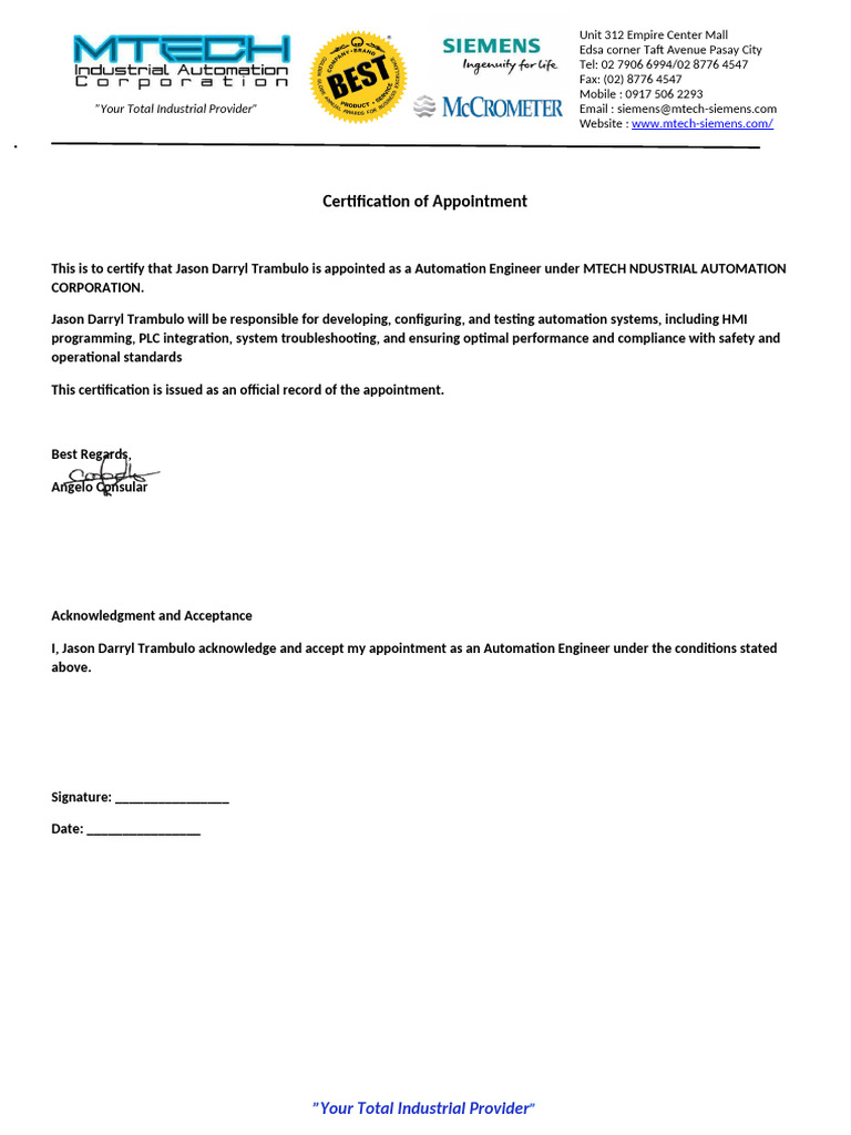 Letter of Appointment JDAT | PDF