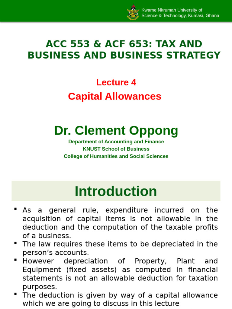 Lecture 4 - Capital Allowance | PDF | Depreciation | Tax Deduction