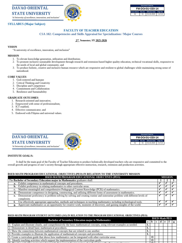 CSA 102 Syllabus: Math Skills Appraisal | PDF | Mathematics | Curriculum