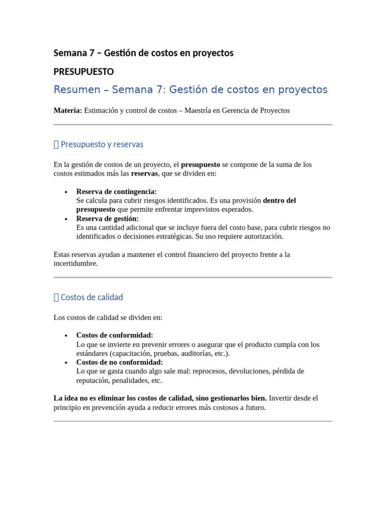 Gestión de Costos en Proyectos: Presupuesto y Calidad | PDF ...