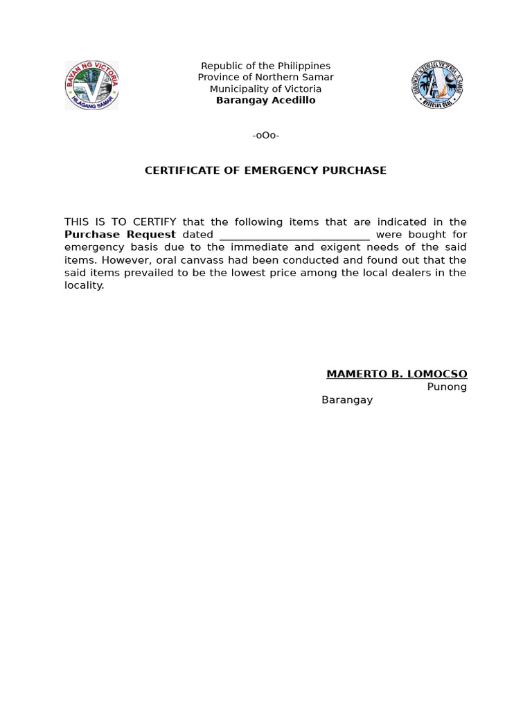 Emergency Purchase Certificate - Acedillo | PDF