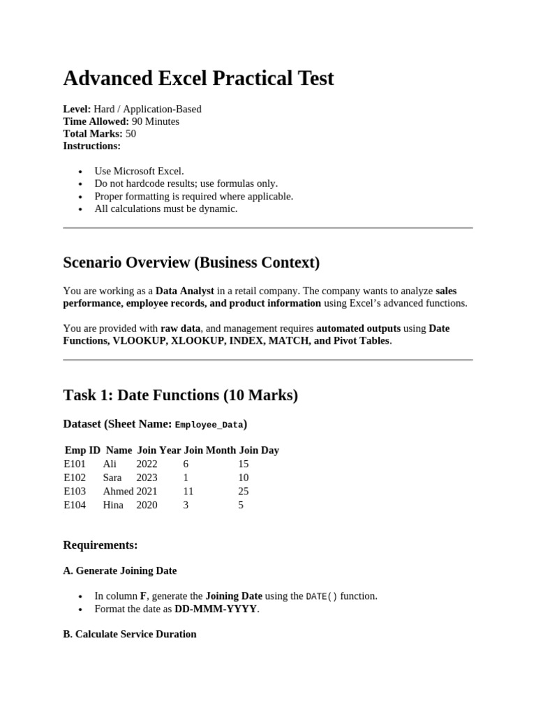 Advanced Excel Test for Data Analysts | PDF | Microsoft Excel ...