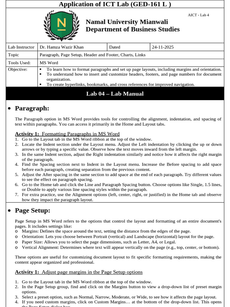 MS Word Formatting and Page Setup Guide | PDF | Paragraph | Microsoft Word