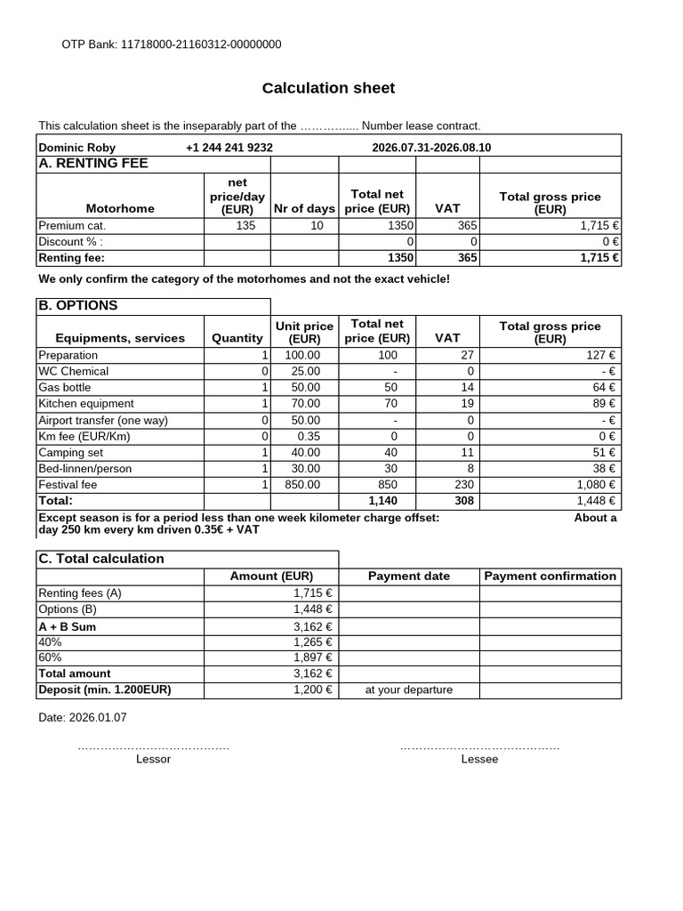 Motorhome Rental Calculation Sheet | PDF | Lease