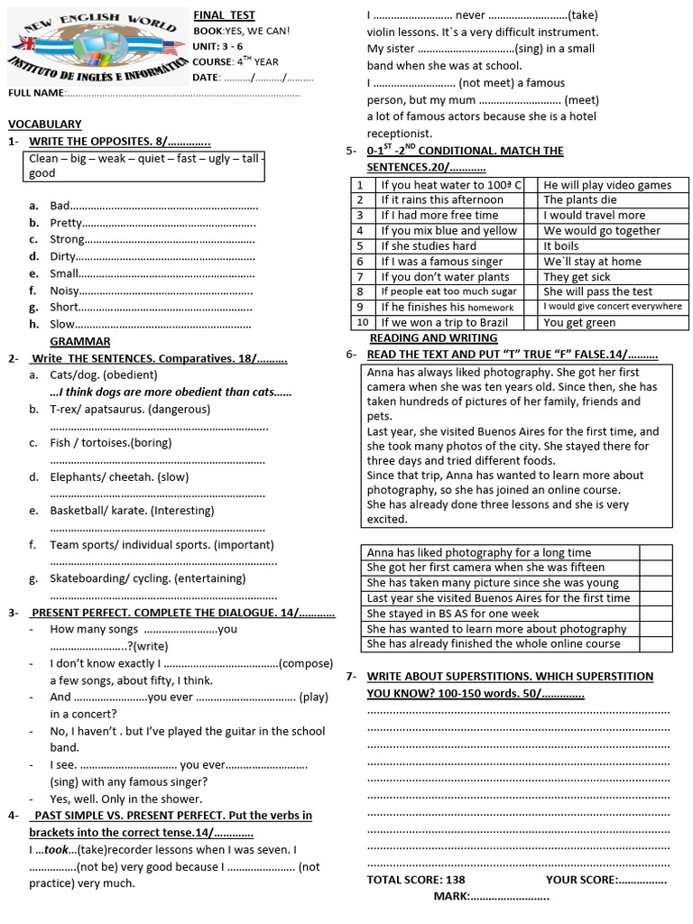 Vocabulary and Grammar Test for 4th Year | PDF | Linguistic Morphology ...