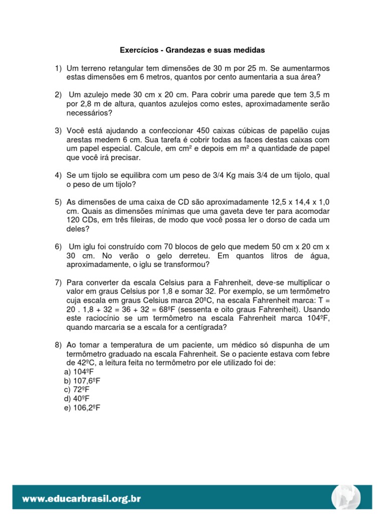 Exercícios sobre Grandezas e Medidas | PDF