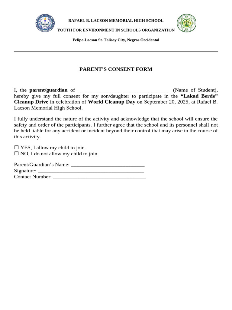 Parent Consent for Cleanup Drive | PDF